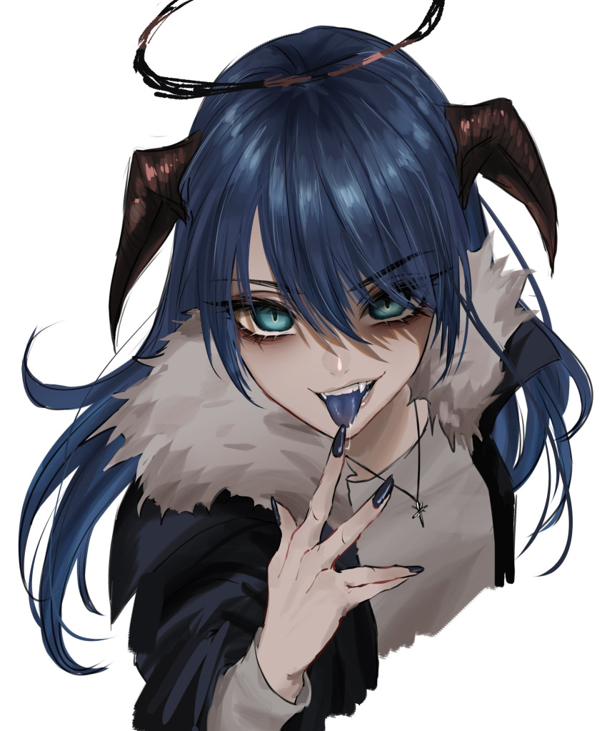 1girl aqua_eyes arknights bags_under_eyes bangs black_nails blue_hair blue_tongue coat eyebrows_visible_through_hair eyes_visible_through_hair fangs finger_to_mouth fur_trim hair_between_eyes halo hand_up highres horns jewelry kurisustinah long_hair long_sleeves looking_at_viewer mostima_(arknights) necklace saliva saliva_trail simple_background solo tongue tongue_out v-shaped_eyebrows white_background
