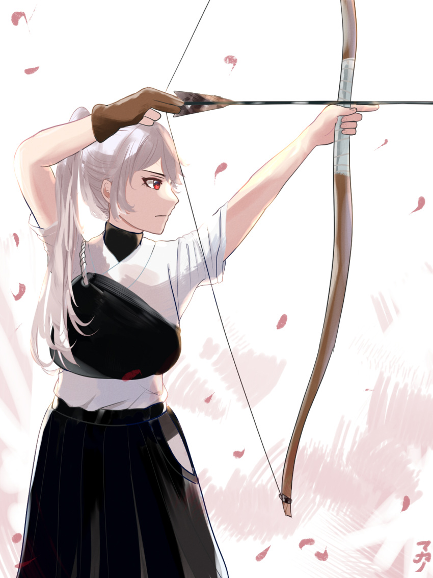 1girl archery arrow black_skirt black_undershirt bow_(weapon) cherry_blossoms fate/grand_order fate_(series) gloves hair_between_eyes highres kyuudou long_hair makano_(user_zpua3342) muneate partly_fingerless_gloves petals pleated_skirt ponytail red_eyes silver_hair skirt solo tomoe_gozen_(fate/grand_order) turtleneck weapon white_background yugake