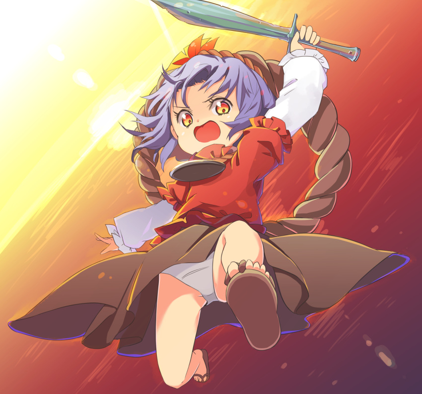 1girl alternate_eye_color ass_visible_through_thighs attack autumn_leaves backlighting brown_skirt commentary_request dutch_angle frilled_sleeves frills frown gradient_eyes gradient_sky highres holding holding_sword holding_weapon layered_clothing lens_flare long_sleeves looking_at_viewer mirror multicolored multicolored_eyes no_legwear ocean open_mouth orange_eyes orange_sky pantyshot_(jumping) purple_hair red_shirt reflection rope sandals serious shirt short_hair short_sleeves skirt skirt_lift sky solo sunset sword tatuhiro thighs toes touhou weapon white_shirt yasaka_kanako yellow_eyes yellow_sky younger