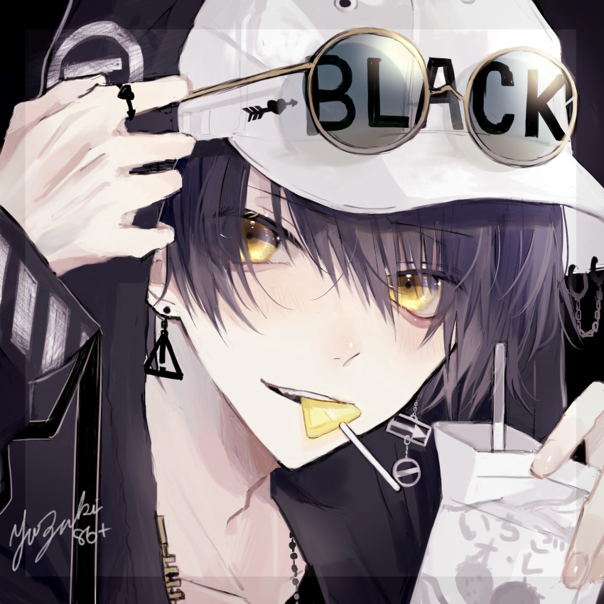 1boy baseball_cap black_background black_hair black_jacket candy earrings eyewear_on_head food hair_between_eyes hat highres holding hood hood_up jacket jewelry lollipop looking_at_viewer mouth_hold myuhuaki open_mouth original ring short_hair signature simple_background solo sunglasses upper_teeth yellow_eyes