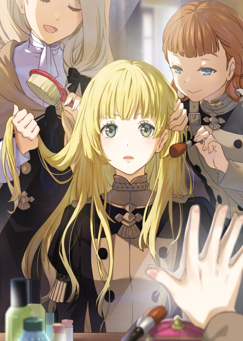 3girls annette_fantine_dominic applying_makeup asao_(vc) blonde_hair blue_eyes blurry bottle breasts brush brushing_another's_hair closed_eyes day depth_of_field eyelashes fire_emblem fire_emblem:_three_houses garreg_mach_monastery_uniform green_eyes hair_brush hair_brushing hair_ribbon half-closed_eyes hand_in_another's_hair highres indoors ingrid_brandl_galatea lips long_hair looking_at_viewer makeup_brush medium_hair mercedes_von_martritz mirror multiple_girls open_mouth orange_hair outstretched_hand perfume_bottle reflection ribbon small_breasts smile straight_hair tress_ribbon upper_body window