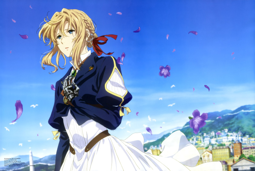 1girl absurdres bird blonde_hair blue_eyes blue_jacket blue_sky braid building cityscape day dress flower hair_blowing hair_ribbon hand_on_own_chest highres jacket jewelry mechanical_hand mountainous_horizon necklace official_art outdoors parted_lips petals red_ribbon ribbon skirt sky solo standing violet_evergarden violet_evergarden_(character) white_skirt