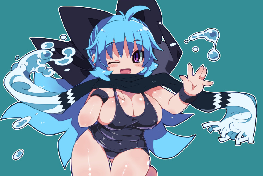 1girl absurdres aqua_background blue_hair bow breast_suppress breasts cowboy_shot eyebrows_visible_through_hair hair_bow highres huge_breasts long_hair one_eye_closed open_mouth original outline scarf school_swimsuit simple_background solo swimsuit violet_eyes white_outline wristband zankuro