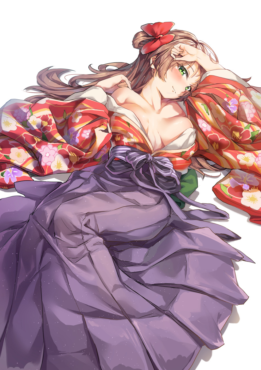 1girl absurdres blush breasts brown_hair dress flower girls_frontline green_eyes hair_flower hair_ornament hair_ribbon hand_in_hair hansal highres large_breasts long_hair looking_at_viewer lying medium_breasts open_clothes open_dress purple_skirt rfb_(girls_frontline) ribbon skirt smile solo white_background