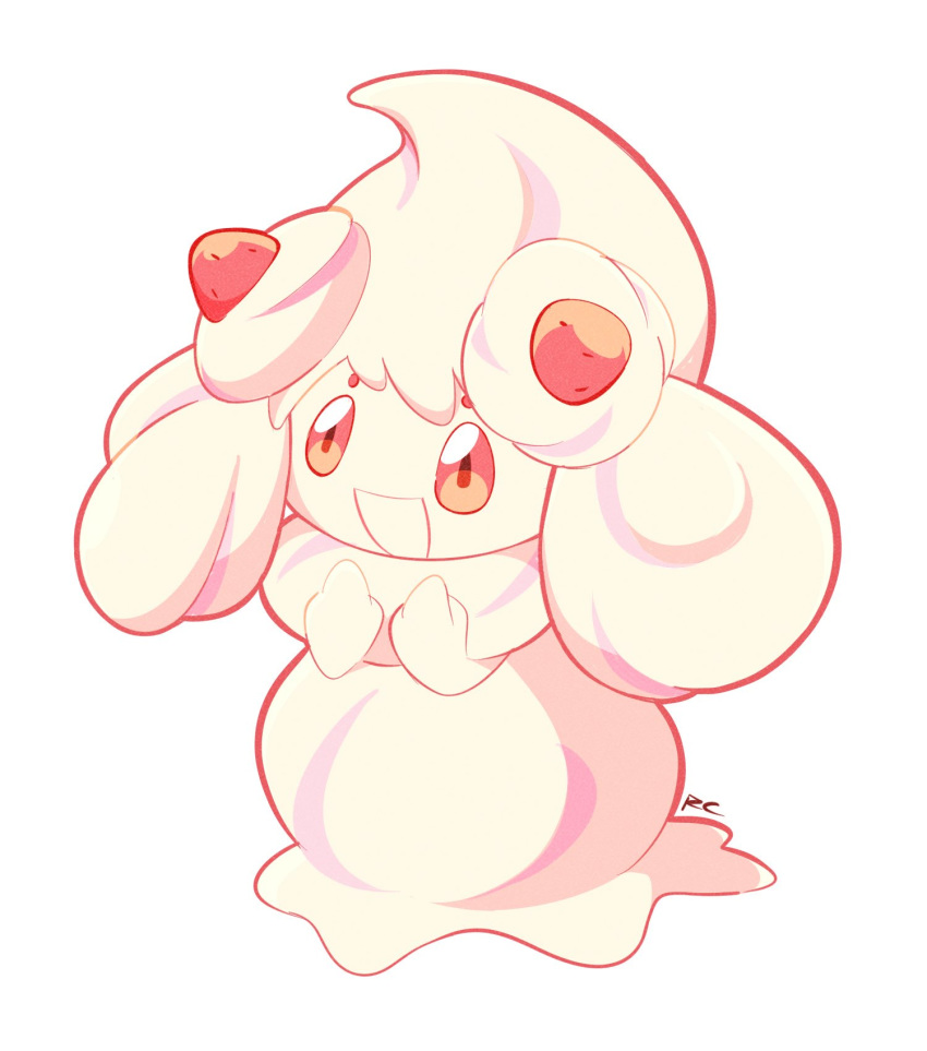 :d alcremie artsy-rc food fruit full_body gen_8_pokemon highres no_humans open_mouth pokemon pokemon_(creature) signature simple_background smile solo strawberry white_background