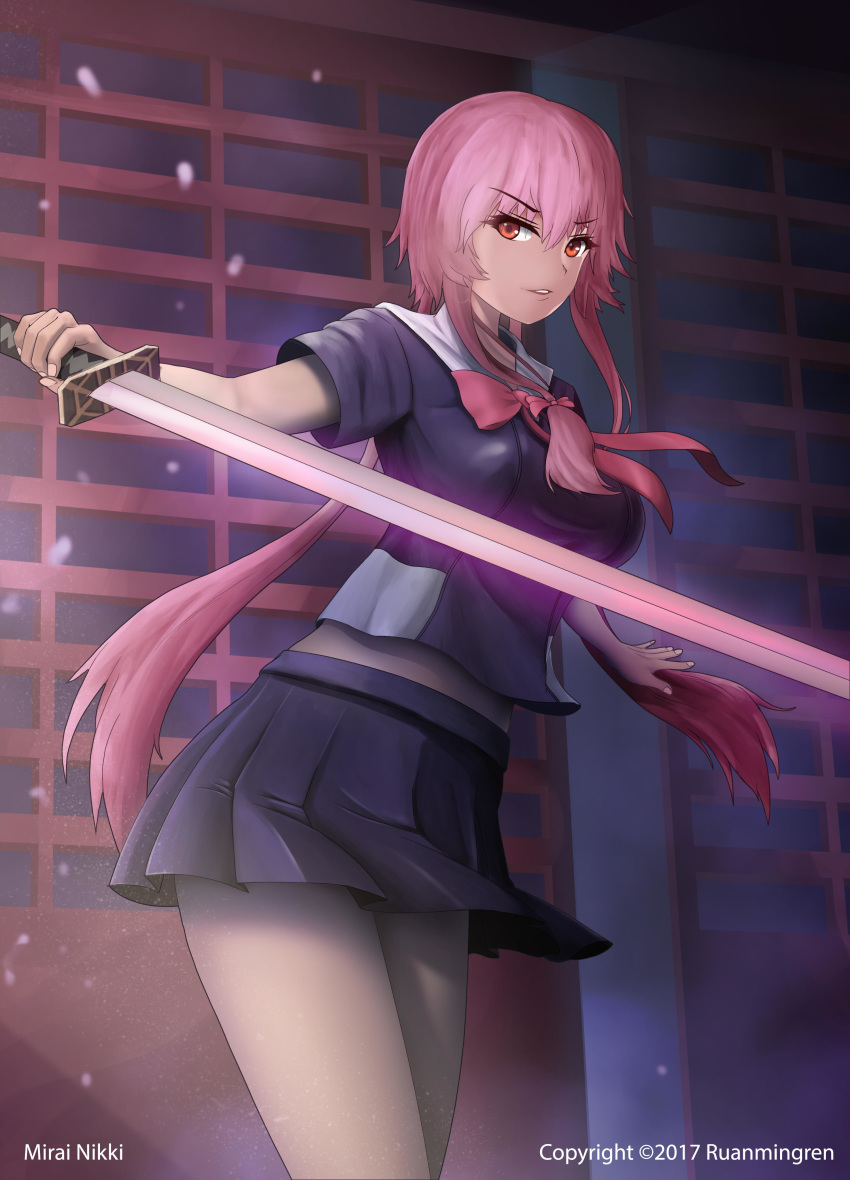 1girl 2017 absurdres bangs bow breasts cowboy_shot eyebrows_visible_through_hair floating_hair gasai_yuno hair_between_eyes hair_bow highres holding holding_sword holding_weapon katana long_hair looking_at_viewer low_twintails medium_breasts midriff miniskirt mirai_nikki parted_lips pink_bow pink_hair pink_neckwear pleated_skirt purple_shirt purple_skirt red_eyes ruanmingren sailor_collar school_uniform shirt short_sleeves sidelocks skirt solo standing stomach sword twintails very_long_hair weapon white_sailor_collar