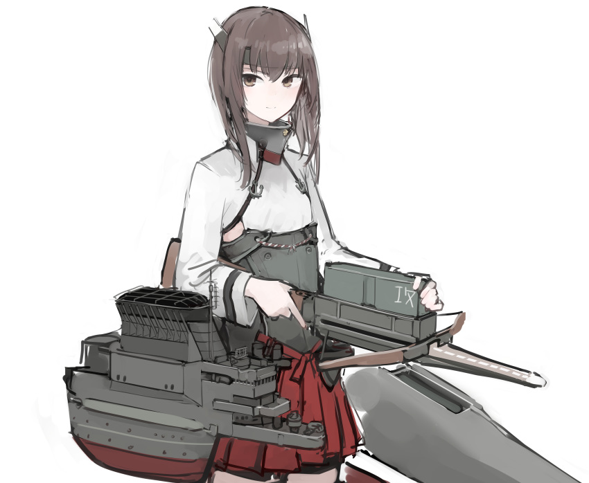 1girl absurdres bangs bike_shorts blush bow_(weapon) brown_eyes brown_hair crossbow flat_chest hakama_skirt headband highres holding holding_weapon kantai_collection long_sleeves machinery rampart1028 red_skirt rigging short_hair simple_background skirt smile solo taihou_(kantai_collection) weapon white_background