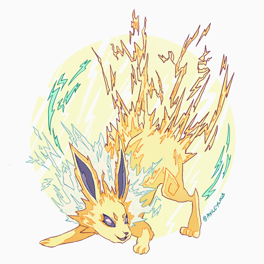 &gt;:) ashleyloob electricity flat_color highres jolteon md5_mismatch open_mouth pokemon pokemon_(creature) simple_background sparks violet_eyes white_background