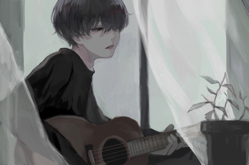 1249abcde 1boy bangs black_eyes black_hair curtains guitar hair_over_one_eye holding holding_instrument instrument looking_at_viewer looking_down original parted_lips plant potted_plant solo