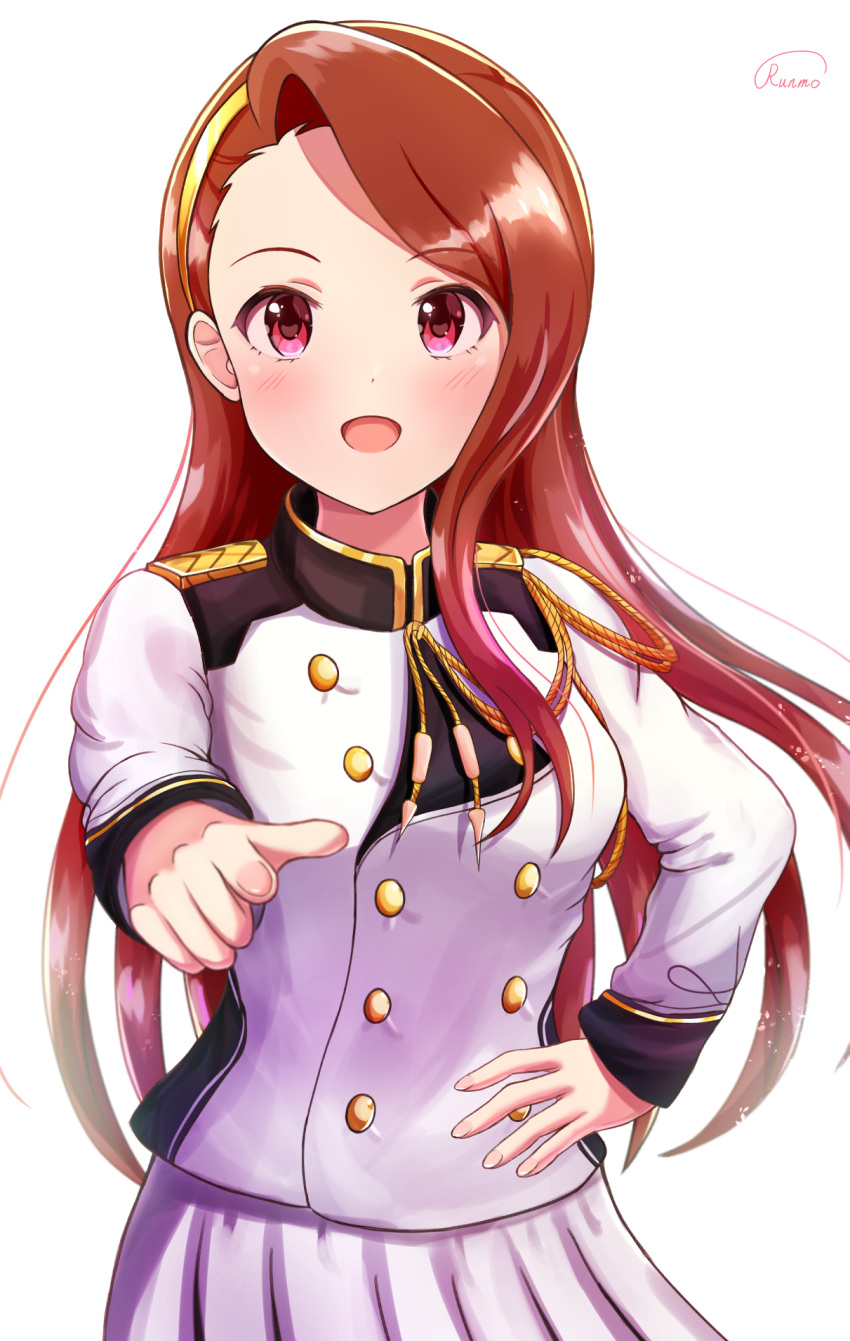 1girl :d blush brown_hair floating_hair hand_on_hip highres idolmaster idolmaster_(classic) jacket long_hair long_sleeves looking_at_viewer marching_band military_jacket minase_iori open_mouth pleated_skirt red_eyes runmo77 shiny shiny_hair signature simple_background skirt smile solo standing very_long_hair white_background white_jacket white_skirt