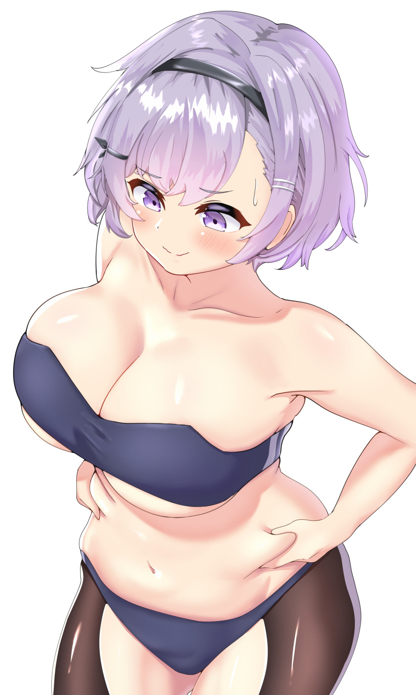 1girl absurdres ass azur_lane bandeau bangs belly belly_grab black_bra black_hairband black_legwear black_panties blush bra breasts collarbone crotchless crotchless_pantyhose curvy eyelashes from_above groin hairband highres large_breasts lavender_eyes lavender_hair looking_down multiple_views navel panties pantyhose parted_hair plump reno_(azur_lane) solo strapless trembling tubetop under_boob underwear underwear_only ushimittsu weighing_scale weight_conscious weight_gain