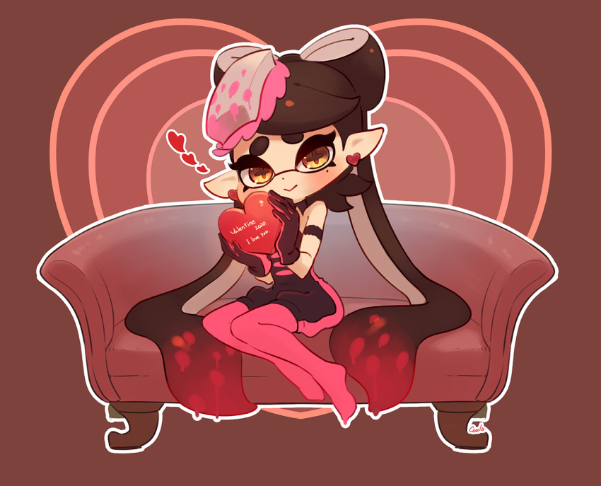 +_+ 1girl adapted_costume aori_(splatoon) armband black_gloves black_hair black_jumpsuit brown_background brown_eyes closed_mouth commentary couch coula_cat dated detached_collar domino_mask earrings english_commentary english_text food food_on_head gloves gradient_hair happy_valentine heart heart_earrings holding jewelry long_hair looking_at_viewer mask mole mole_under_eye multicolored_hair no_shoes object_on_head on_couch outline pantyhose pointy_ears red_legwear redhead short_jumpsuit sitting smile solo splatoon_(series) splatoon_1 tentacle_hair very_long_hair white_outline