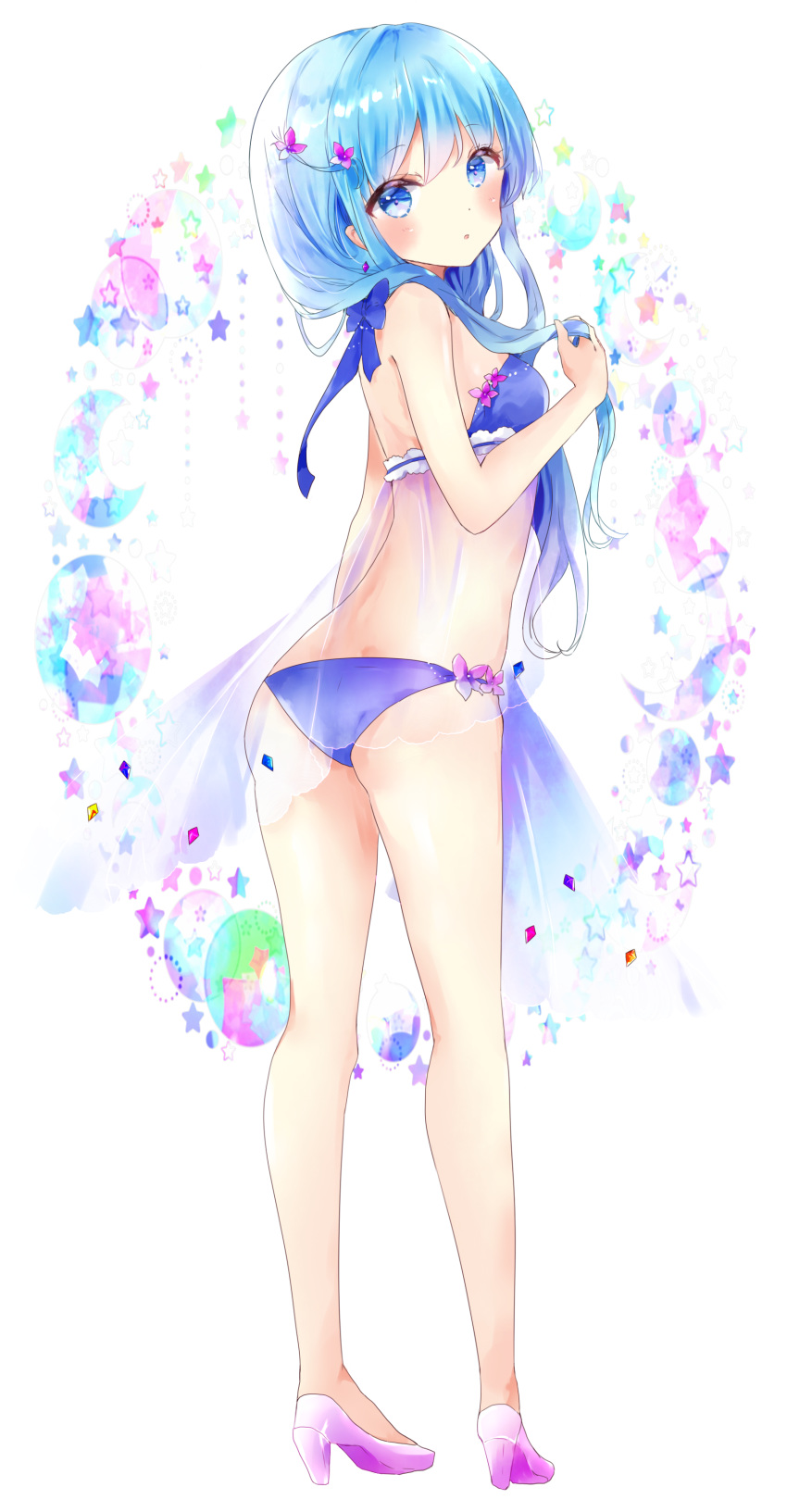 1girl :o absurdres ass bangs bare_arms bare_shoulders bikini blue_bikini blue_eyes blue_hair blush breasts commentary eyebrows_visible_through_hair flower full_body hair_flower hair_ornament high_heels highres long_hair looking_at_viewer looking_to_the_side original parted_lips pink_footwear purple_flower revision see-through shoe_soles shoes simple_background small_breasts solo standing star starry_background swimsuit symbol_commentary tsukiyo_(skymint) very_long_hair white_background