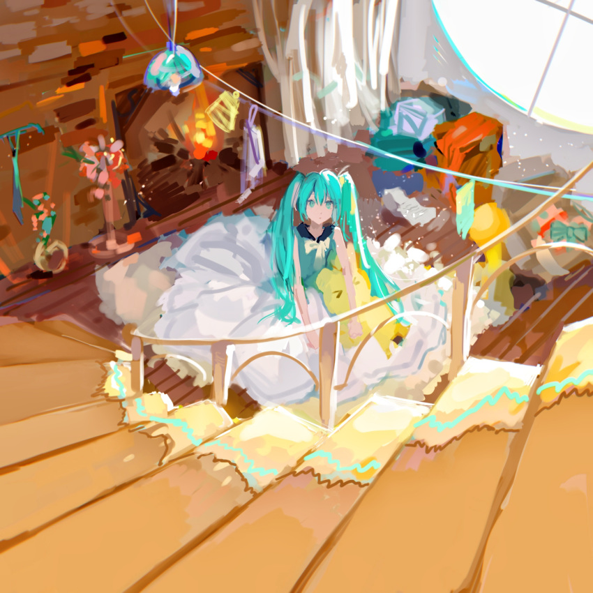 &gt;_&lt; 1girl aqua_eyes aqua_hair aqua_shirt caibaobao_(user_ncrp5222) clothesline commentary fireplace from_above hatsune_miku highres indoors long_hair room round_window scenery shirt sitting sketch skirt solo spread_skirt stairs stuffed_toy twintails very_long_hair vocaloid white_skirt