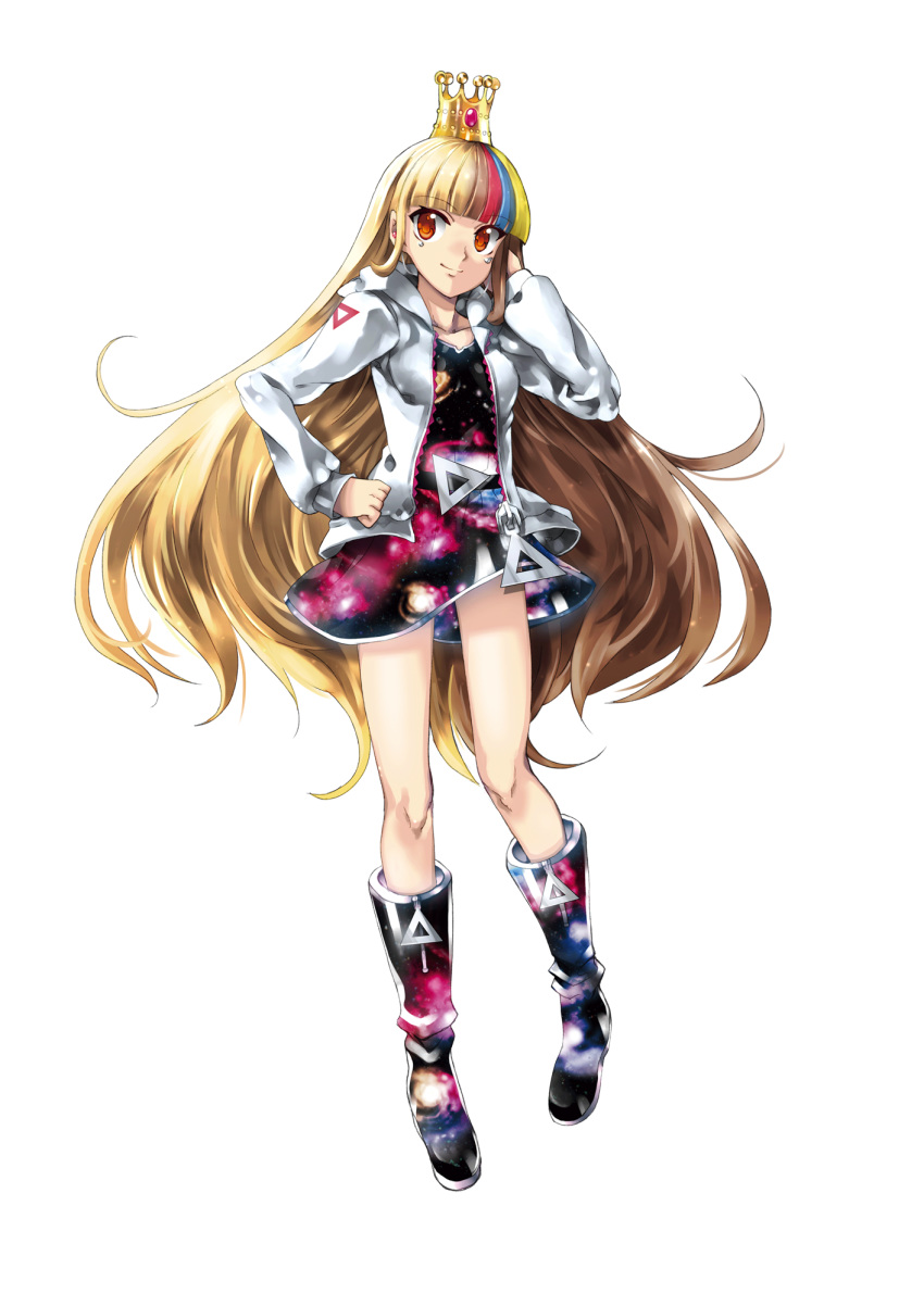 1girl bangs blonde_hair blunt_bangs boots breasts brown_hair closed_mouth collarbone crown dress eyebrows_visible_through_hair full_body galaco hand_on_hip highres hood hood_down hooded_jacket jacket kei_(keigarou) long_hair long_sleeves multicolored_hair official_art orange_eyes print_dress sidelocks small_breasts smile solo space_print standing starry_sky_print transparent_background triangle very_long_hair vocaloid white_jacket