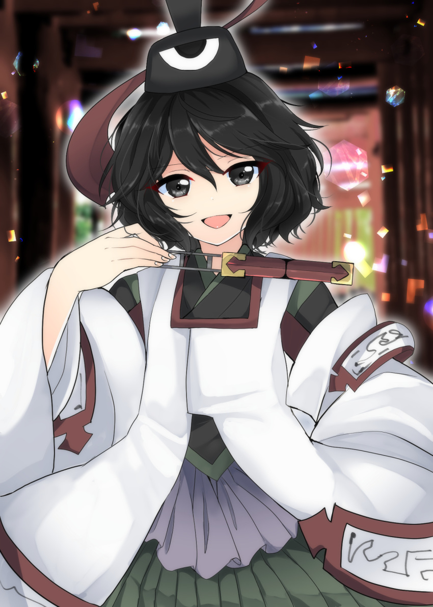 1other androgynous black_hair eyebrows_visible_through_hair grey_eyes hat highres japanese_clothes kariginu len'en long_sleeves ofuda ofuda_on_clothes ougi_hina senri_tsurubami short_hair shorts smile solo tabi torii