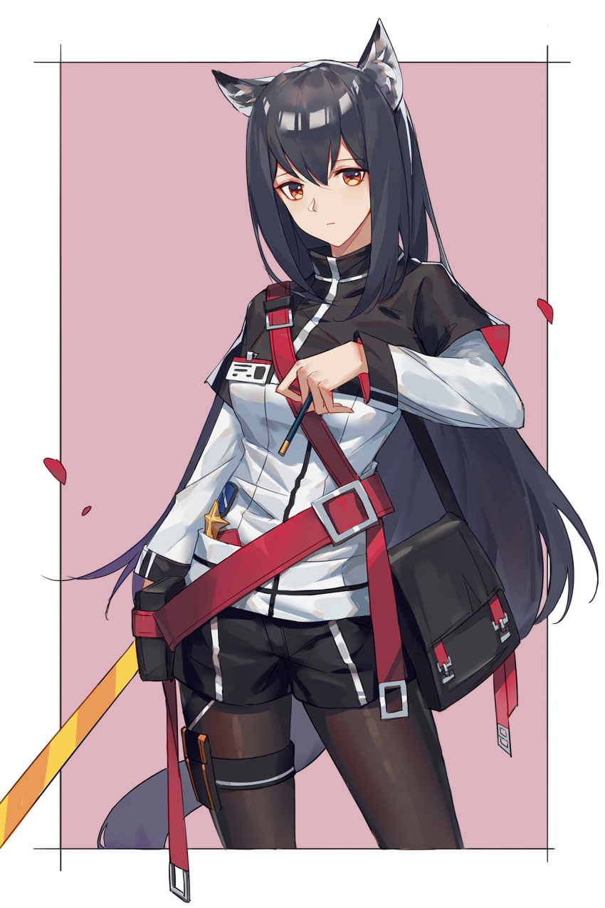 1girl animal_ear_fluff animal_ears arknights bag bangs black_capelet black_hair black_legwear black_shorts border brown_eyes capelet cowboy_shot hair_between_eyes highres holding jacket lance_(lancelliu) long_hair long_sleeves looking_at_viewer outside_border pantyhose pink_background pouch satchel short_shorts shorts simple_background solo standing sword tail texas_(arknights) thighs very_long_hair weapon white_border white_jacket wolf_ears wolf_tail