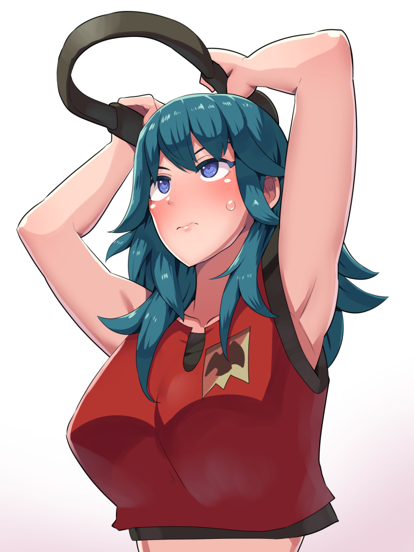 1girl armpits arms_up blue_eyes blue_hair blush boris_(noborhys) breasts byleth_(fire_emblem) byleth_eisner_(female) byleth_eisner_(female) collarbone exercise fire_emblem fire_emblem:_three_houses fire_emblem:_three_houses fire_emblem_16 highres intelligent_systems itou_shizuka jeanne_tirado large_breasts medium_hair nintendo nintendo_ead ring_fit_adventure seiyuu_connection shirt simple_background sleeveless solo sweatdrop upper_body white_background