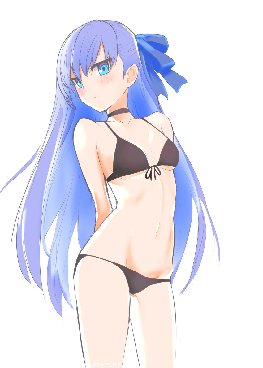 1girl absurdres arms_behind_back artist_request bangs bare_shoulders bikini black_bikini blue_eyes blue_hair blue_ribbon blush breasts choker closed_mouth collarbone fate/extra fate/extra_ccc fate_(series) hair_ribbon highres long_hair looking_at_viewer meltryllis navel ribbon simple_background small_breasts solo swimsuit thighs white_background
