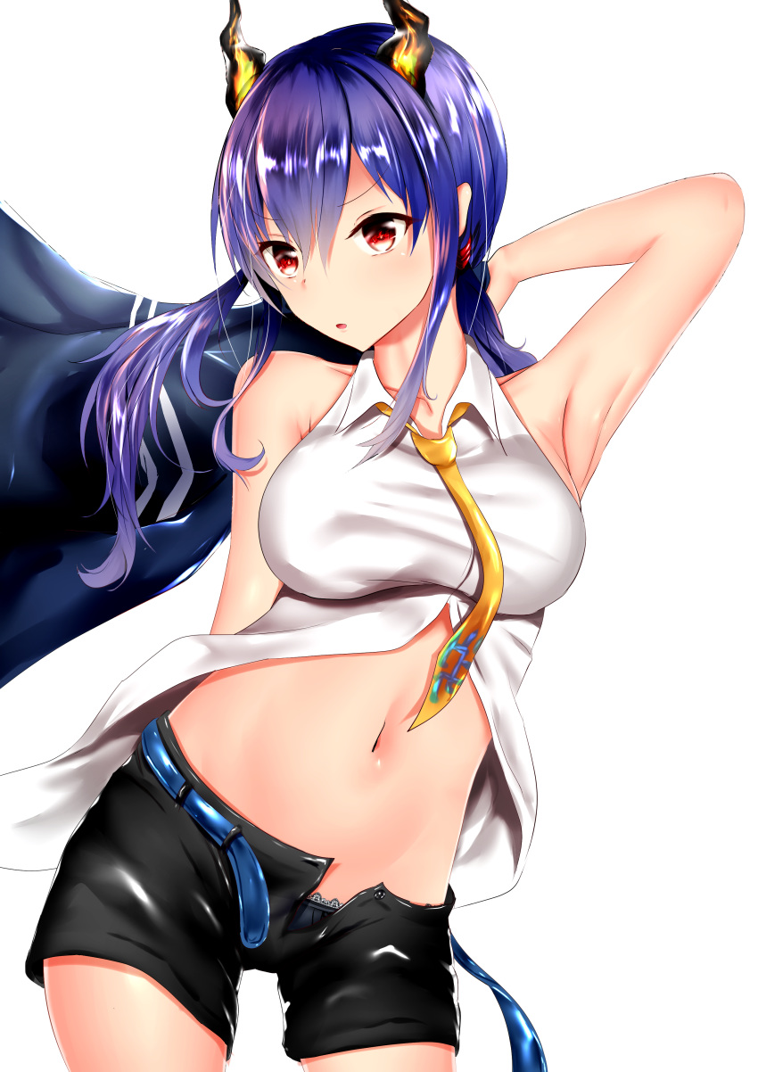 1girl :o absurdres arknights armpits bangs bare_shoulders belt black_shorts blue_belt blue_hair blue_panties blush breasts ch'en_(arknights) collared_shirt commentary_request cowboy_shot dragon_girl dragon_horns eyebrows_visible_through_hair groin hair_between_eyes highres holding holding_jacket horns jacket jacket_removed kouki_hanada long_hair looking_at_viewer low_twintails medium_breasts midriff multicolored_neckwear navel necktie neckwear open_fly panties partially_unbuttoned red_eyes shirt short_shorts shorts sidelocks simple_background sleeveless sleeveless_shirt solo standing taut_clothes taut_shirt twintails underwear white_background white_shirt yellow_neckwear