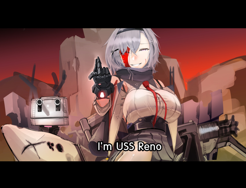 1girl absurdres avengers avengers:_endgame azur_lane blood blood_on_face character_name closed_eyes commentary_request english_text grey_hair hairband highres iron_man marvel metal_gloves necktie parody red_neckwear reno_(azur_lane) sheer_clothes shippi smile snapping_fingers spoilers subtitled