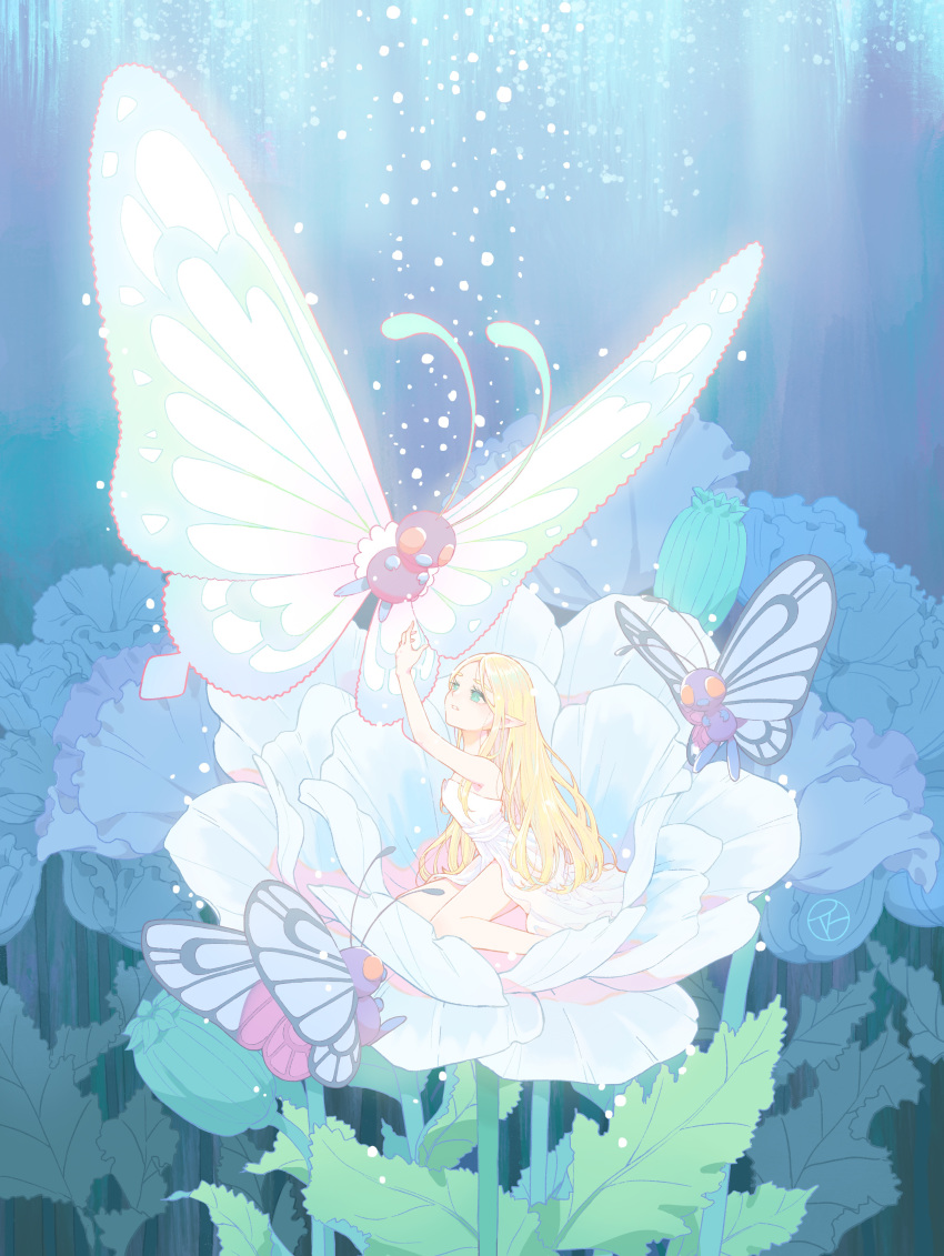 1girl absurdres arm_up bangs blonde_hair blue_eyes bug butterfly butterfree dress flower from_side full_body gigantamax highres insect long_hair looking_at_viewer parted_bangs parted_lips plant pointy_ears pokemon princess_zelda rutiwa simple_background sitting solo the_legend_of_zelda thick_eyebrows white_dress white_flower
