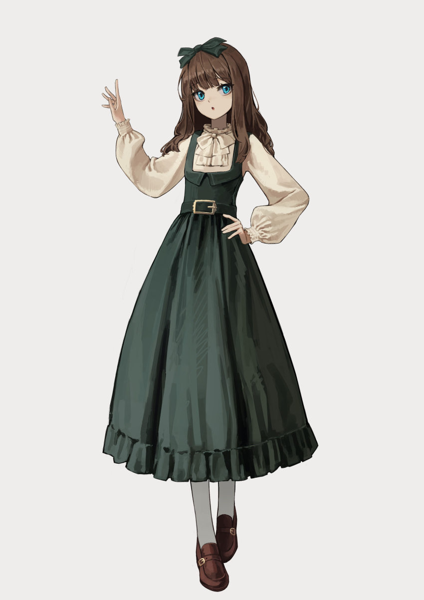 1girl :o absurdres bangs bow bowtie brown_footwear brown_hair crossed_legs dress full_body green_bow green_dress grey_background hair_bow hand_on_hip hand_up highres long_hair original pantyhose shoes simple_background solo standing watson_cross white_legwear yoon_cook