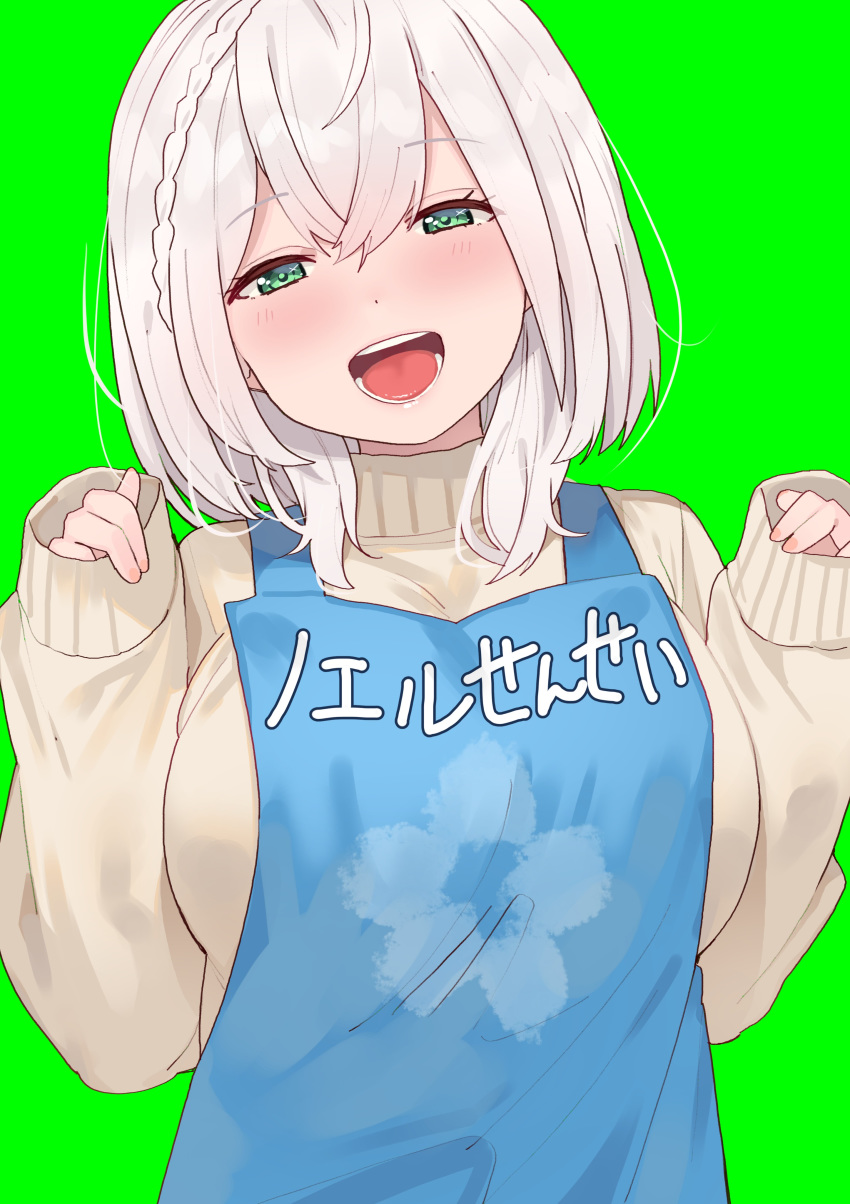 1girl absurdres apron blue_apron blush braid breasts brown_sweater eyebrows_visible_through_hair green_background green_eyes highres hololive large_breasts long_sleeves looking_at_viewer open_mouth shirogane_noel short_hair simple_background sleeves_past_wrists smile solo sweater teeth tonari_no_kai_keruberosu tongue translation_request virtual_youtuber white_hair