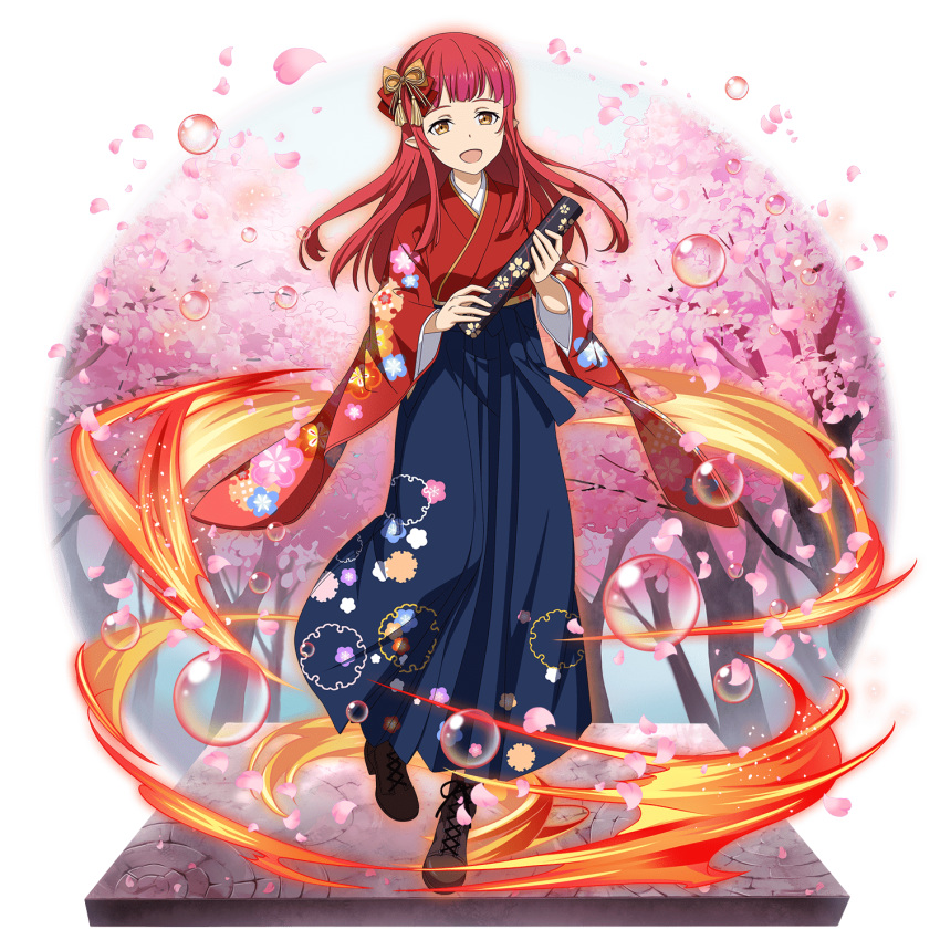 1girl :d blue_hakama boots bow brown_footwear cherry_blossoms faux_figurine floating_hair floral_print full_body hair_bow hair_ornament hakama highres japanese_clothes kimono long_hair long_sleeves looking_at_viewer official_art open_mouth pointy_ears print_hakama print_kimono rain_(sao) red_bow red_kimono redhead shiny shiny_hair smile solo standing sword_art_online transparent_background wide_sleeves yellow_bow yellow_eyes