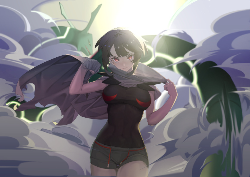 1girl backlighting bare_arms behind_another black_hair boots breasts cape commentary covered_navel cowboy_shot day dragon gen_3_pokemon hands_up higana_(pokemon) highres komadera looking_at_viewer medium_hair outdoors parted_lips pokemon pokemon_(creature) pokemon_(game) pokemon_oras rayquaza red_eyes shirt shorts skin_tight sleeveless sleeveless_shirt smile smoke solo_focus symbol_commentary thigh-highs thigh_boots