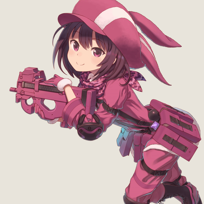 1girl absurdres animal_hat bangs belt bow brown_hair bullpup bunny_hat buntan closed_mouth elbow_pads explosive fur-trimmed_gloves fur_trim gloves grenade grey_bow gun hat highres jacket knee_pads leaning_forward llenn_(sao) long_sleeves looking_at_viewer p-chan_(p-90) p90 pants pink_bandana pink_eyes pink_gloves pink_headwear pink_jacket pink_pants pouch running short_hair smile solo standing standing_on_one_leg submachine_gun sword_art_online sword_art_online_alternative:_gun_gale_online tactical_clothes utility_belt weapon