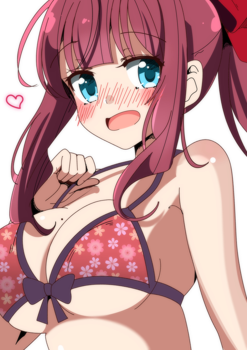 1girl absurdres bangs bikini blue_eyes blunt_bangs blush breasts eyebrows_visible_through_hair floral_print heart highres large_breasts looking_at_viewer mole mole_on_breast new_game! open_mouth ponytail red_bikini redhead sinakyo solo swimsuit takimoto_hifumi upper_body