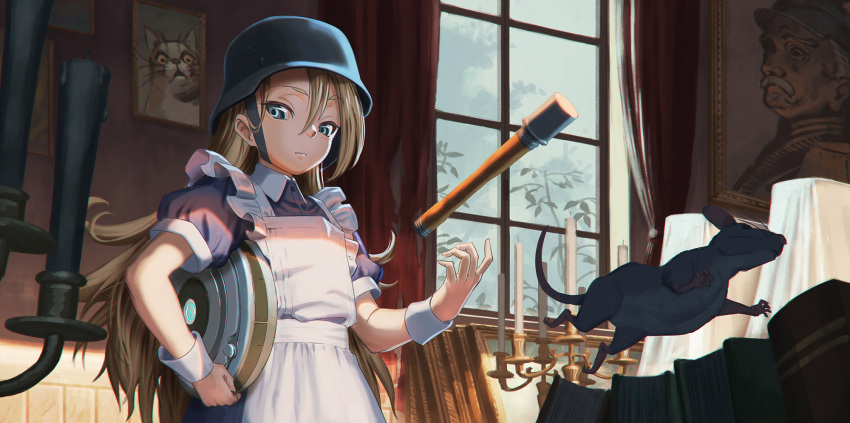 1girl animal apron bangs black_dress black_headwear blonde_hair blue_eyes book candle candlestand carrying_under_arm closed_mouth commentary_request curtains day dress explosive frilled_apron frills grenade hair_between_eyes helmet highres hironii_(hirofactory) indoors long_hair looking_at_viewer maid maid_apron mine_(weapon) mouse original puffy_short_sleeves puffy_sleeves short_sleeves solo stahlhelm standing stielhandgranate upper_body very_long_hair white_apron window wrist_cuffs