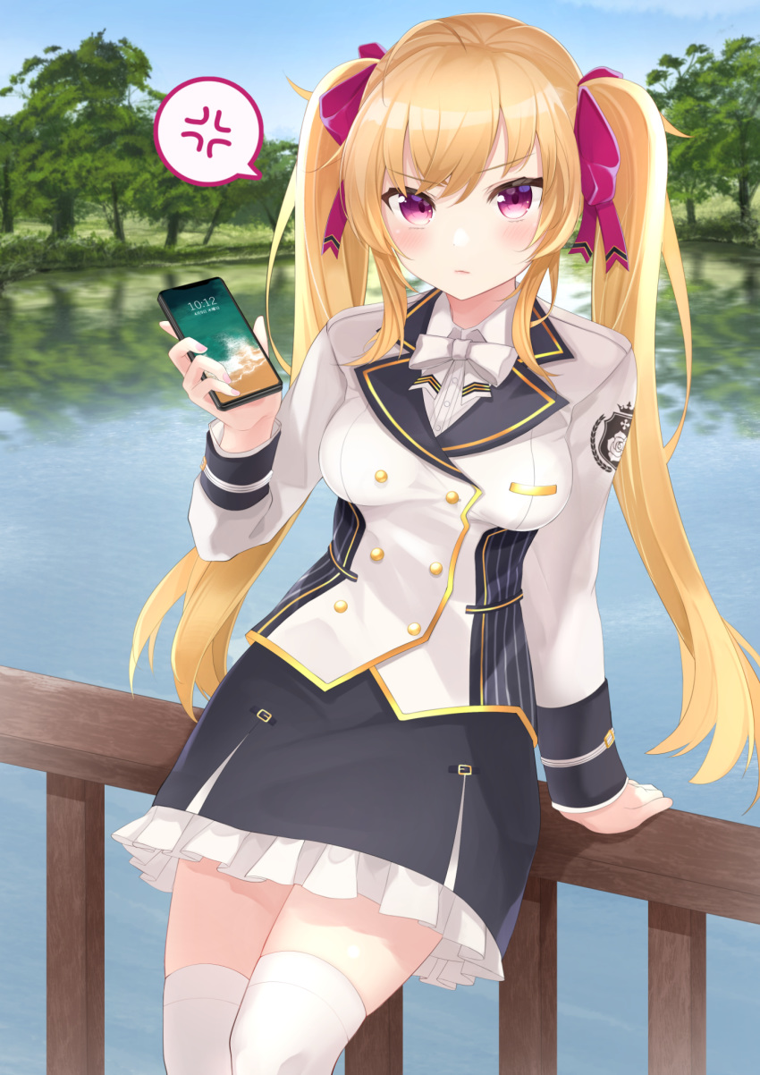 1girl anger_vein arm_support bangs black_skirt blonde_hair blue_sky blush bow breasts cellphone closed_mouth collared_shirt commentary_request date_(mamanonamaebot) day dress_shirt eyebrows_visible_through_hair frilled_skirt frills hair_between_eyes hair_bow highres holding holding_phone jacket leaning_on_rail long_hair long_sleeves looking_at_viewer medium_breasts nijisanji outdoors phone purple_bow railing river shirt skirt sky solo spoken_anger_vein takamiya_rion thigh-highs tree twintails very_long_hair violet_eyes virtual_youtuber water white_bow white_jacket white_legwear white_shirt
