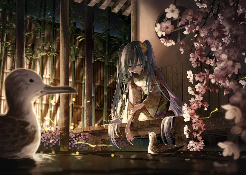 1girl bamboo bird blurry cherry_blossoms depth_of_field floral_print flower green_eyes green_hair green_nails hair_between_eyes hair_flower hair_ornament hatsune_miku highres house huge_filesize japanese_clothes kimono kneeling laru lights long_hair long_sleeves night obi petals pink_flower pond reaching_out sash sky star_(sky) starry_sky twintails veranda very_long_hair vocaloid water yukata