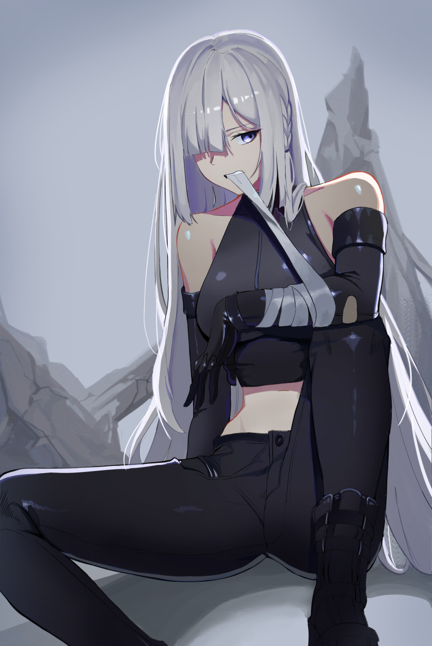1girl absurdres ak-15_(girls_frontline) bandages bare_shoulders bodysuit girls_frontline hair_ornament hair_over_one_eye highres i.ri long_hair looking_at_viewer pants silver_hair simple_background sitting sitting_on_lap sitting_on_person solo violet_eyes