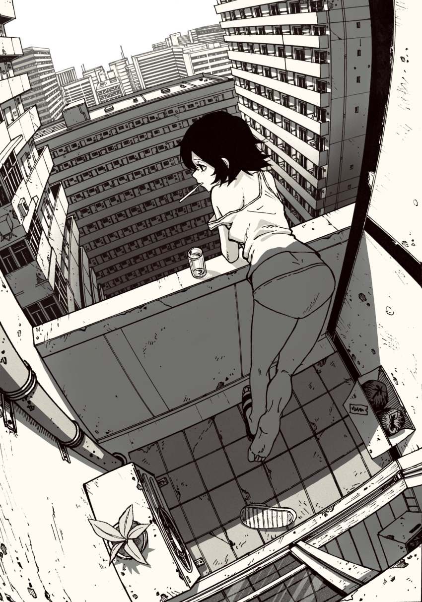 1girl architecture balcony bent_over building cityscape highres monochrome omao original panties plant potted_plant tank_top underwear