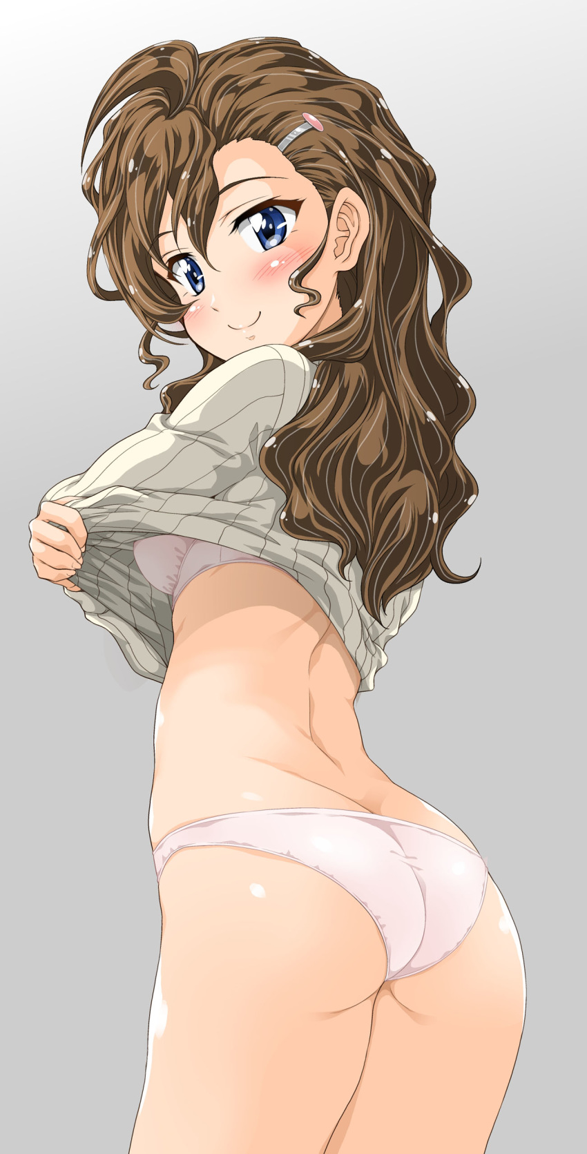 1girl absurdres ass blue_eyes blush bra breasts brown_hair closed_mouth commentary_request gegege_no_kitarou gradient gradient_background gradient_hair grey_background hair_ornament hairclip highres inuyama_mana long_hair looking_at_viewer medium_breasts multicolored_hair panties pink_bra pink_panties smile solo sweater underwear undressing white_sweater yoshitani_motoka