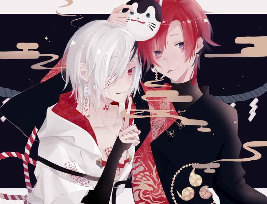2boys bangs blue_eyes blush cigarette closed_mouth covering_one_eye highres holding holding_mask looking_at_viewer mask mask_on_head multiple_boys myuhuaki oriental_umbrella original parted_lips red_eyes redhead short_hair sleeves_past_wrists smoke smoking solo tassel tattoo umbrella upper_body white_hair