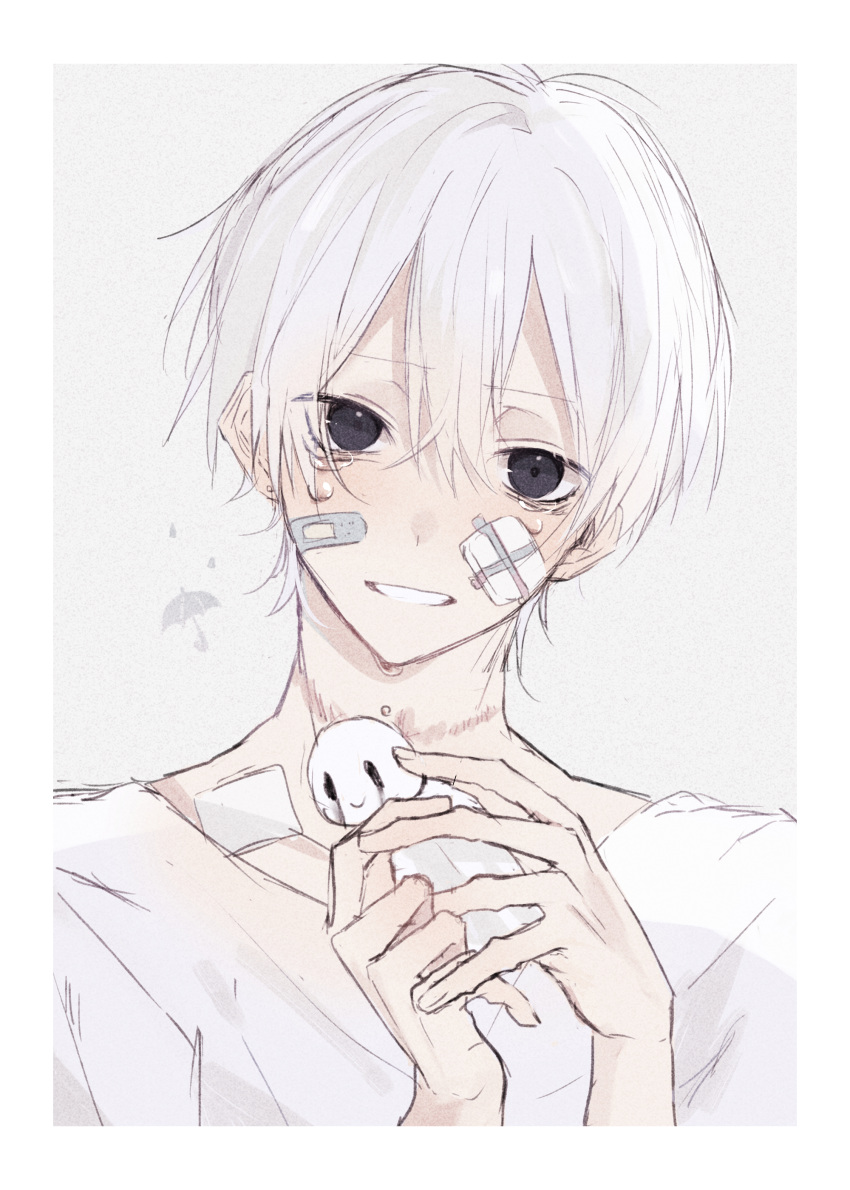1boy absurdres black_eyes border eyebrows_visible_through_hair grin hair_between_eyes head_tilt highres holding looking_at_viewer myuhuaki original parted_lips patch short_hair simple_background sketch smile solo tears upper_body white_background white_hair