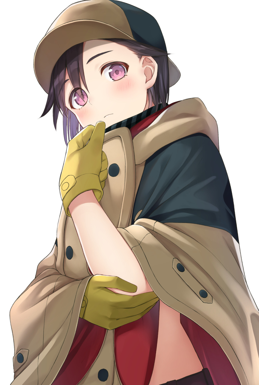 1girl bangs blush brown_headwear cloak closed_mouth commentary from_below frown gloves hair_behind_ear hand_on_own_elbow hand_up hat highres hijiriido_miyo hondoumachi_koharu id_:invaded looking_at_viewer looking_down pink_eyes senagawa_roro simple_background solo upshirt white_background yellow_gloves