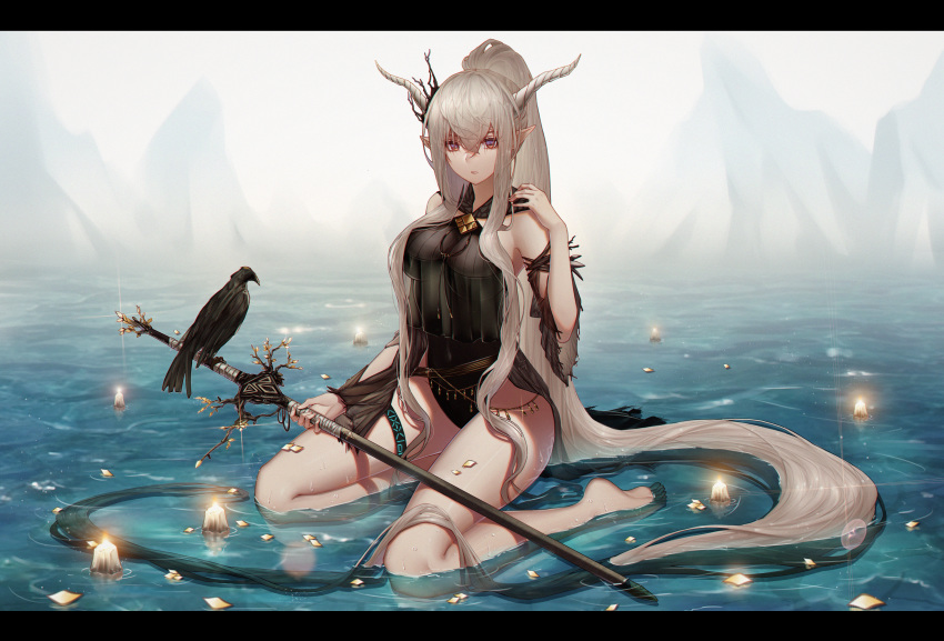 1girl absurdly_long_hair absurdres arknights bangs bare_legs bare_shoulders barefoot bird black_leotard breasts brown_eyes candle commentary hair_between_eyes halterneck hand_up highres holding holding_staff horns huge_filesize large_breasts leotard letterboxed long_hair looking_at_viewer mfork pointy_ears ponytail shining_(arknights) sidelocks silver_hair sitting staff thigh_strap thighs very_long_hair wariza water