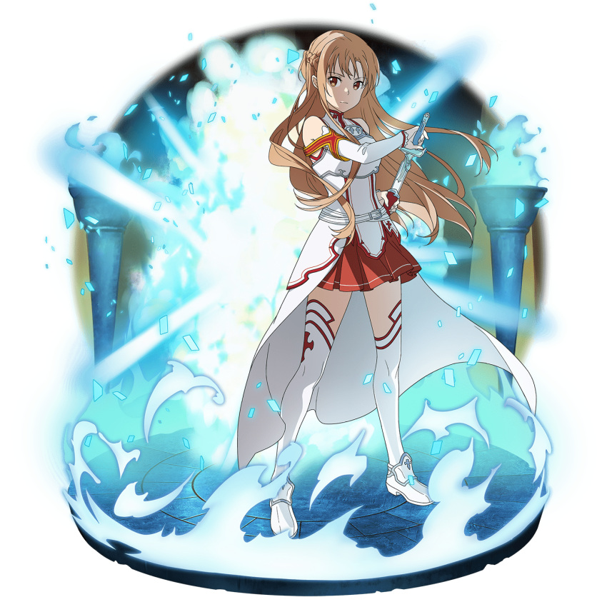 1girl asuna_(sao) bangs braid breastplate brown_eyes brown_hair cape closed_mouth crown_braid detached_sleeves faux_figurine floating_hair full_body highres holding holding_sheath holding_sword holding_weapon long_hair long_sleeves looking_at_viewer miniskirt official_art pleated_skirt red_skirt sheath sheathing skirt solo standing sword sword_art_online thigh-highs very_long_hair waist_cape weapon white_cape white_legwear white_sleeves zettai_ryouiki