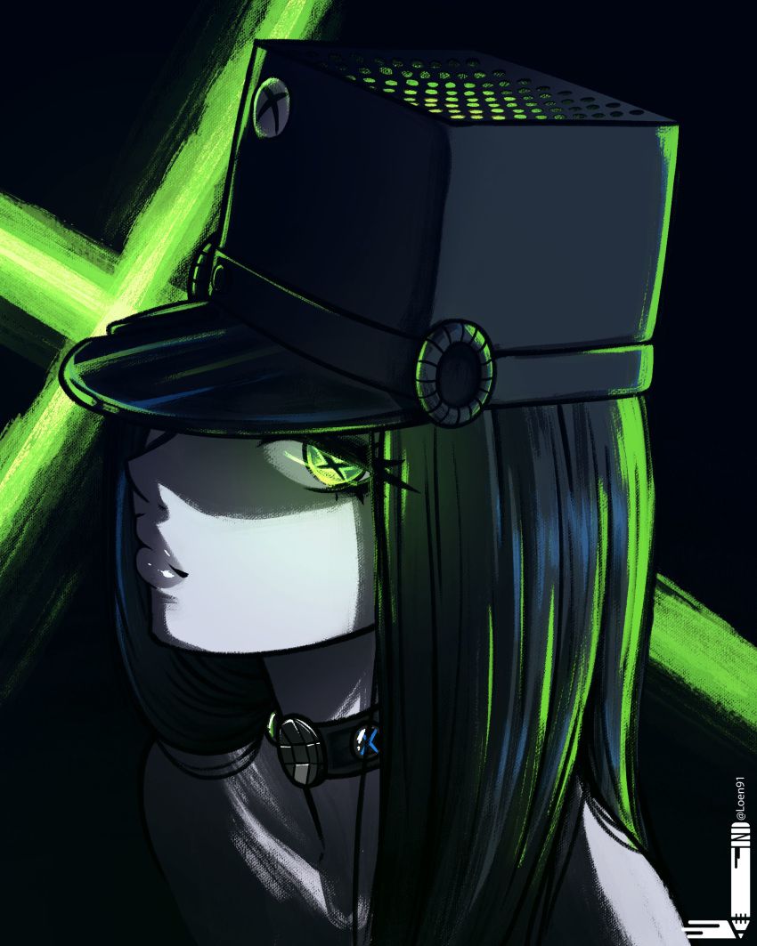 1girl absurdres black_background collar commentary english_commentary game_console glowing glowing_eyes green_eyes hat highres lips loen-lapae long_hair looking_at_viewer microsoft pale_skin personification simple_background solo xbox xbox_series_x