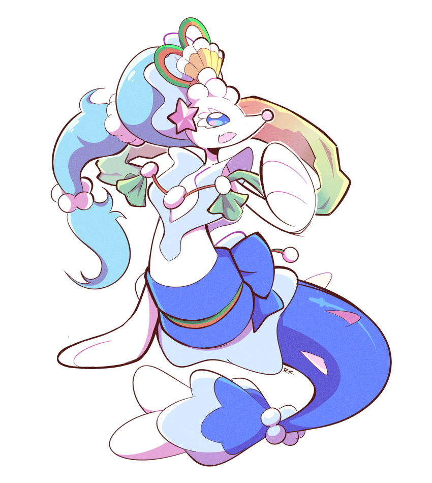 :d alternate_costume artsy-rc commentary english_commentary fang full_body gen_7_pokemon highres open_mouth pokemon pokemon_(creature) primarina signature simple_background smile solo white_background