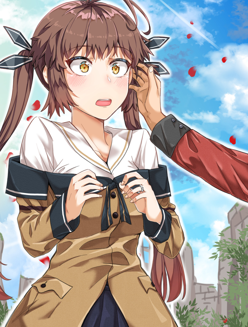 1girl ahoge blue_sky blush brown_hair character_request clouds condensation_trail dulldull embarrassed girls_frontline highres long_hair m14_(girls_frontline) open_mouth petals rose_petals sky solo solo_focus surprised tan_skirt teeth twintails uniform yellow_eyes