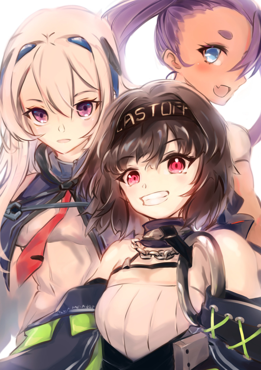 3girls absurdres azur_lane black_hair blue_eyes bluegill_(azur_lane) breasts casablanca_(azur_lane) cooper_(azur_lane) fang hachimaki headband headgear highres long_hair multiple_girls o-ring ponytail purple_hair red_eyes shika_(shika0) short_eyebrows short_hair silver_hair small_breasts smile tan violet_eyes