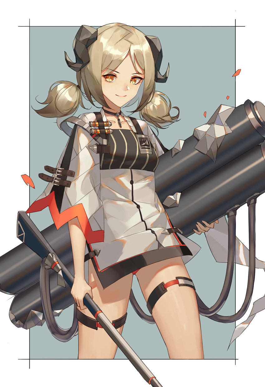 1girl arknights black_choker border choker collarbone cowboy_shot eyebrows_visible_through_hair flamethrower grey_background high-waist_skirt highres holding holding_weapon horns ifrit_(arknights) lance_(lancelliu) long_sleeves looking_at_viewer low_twintails miniskirt outside_border platinum_blonde_hair short_hair simple_background skirt smile solo standing thigh_strap thighs twintails weapon white_border white_skirt wide_sleeves yellow_eyes