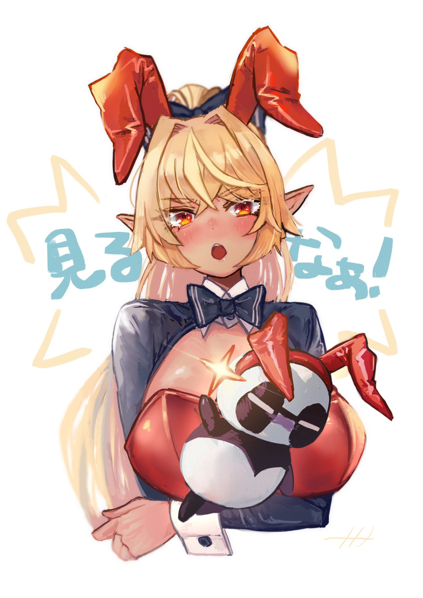 1girl ahoge animal_ears blonde_hair blue_neckwear blush bow bowtie breast_hold breasts bunnysuit crossed_arms dark_skin ear_blush elf embarrassed eyebrows_visible_through_hair fake_animal_ears familiar hair_between_eyes highres hololive kintsuba_(flare_channel) large_breasts long_hair looking_at_viewer naname_(7name) open_mouth panda pointy_ears ponytail rabbit_ears red_eyes shiranui_flare shrug_(clothing) simple_background sparkle translated upper_body virtual_youtuber white_background wrist_cuffs