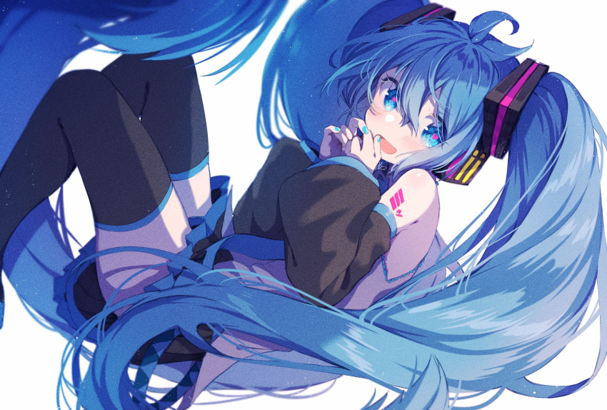 1girl absurdly_long_hair aqua_nails aqua_neckwear bare_shoulders black_legwear black_skirt black_sleeves blue_eyes blue_hair commentary detached_sleeves feet_out_of_frame grey_shirt hair_ornament hands_together hatsune_miku headphones headset heart heart_in_eye highres knees_up long_hair looking_at_viewer nail_polish necktie nuko_0108 open_mouth shirt shoulder_tattoo skirt sleeveless sleeveless_shirt smile solo symbol_in_eye tattoo thigh-highs translated twintails very_long_hair vocaloid zettai_ryouiki